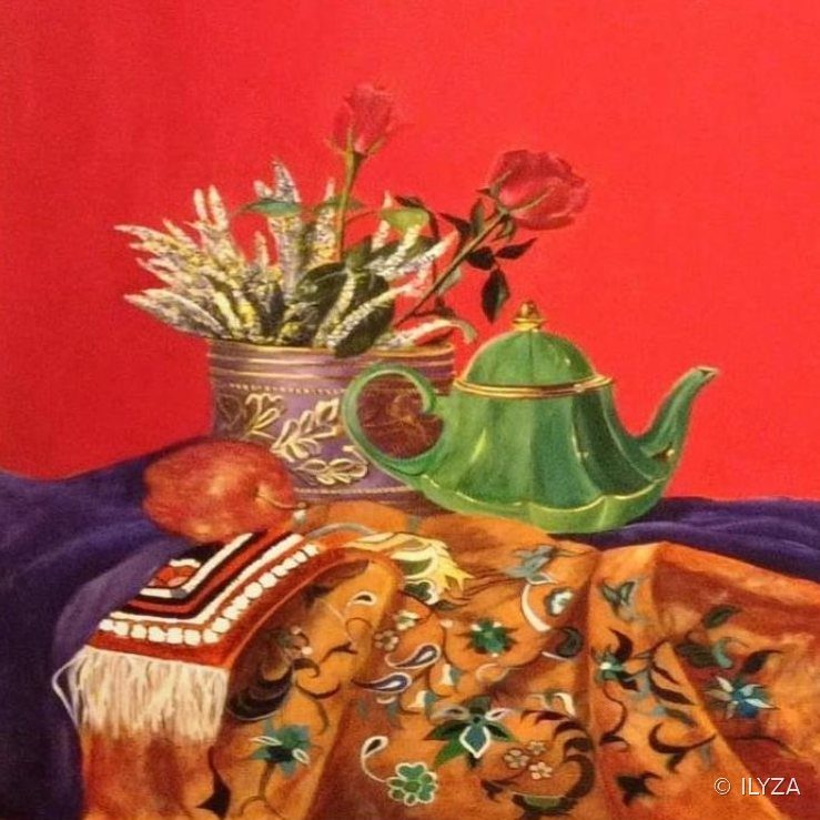 Thé et roses, Huile, 65 × 65 cm · ILYZA