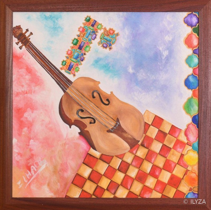Violon sur damier, Huile, 76 × 60 cm · ILYZA